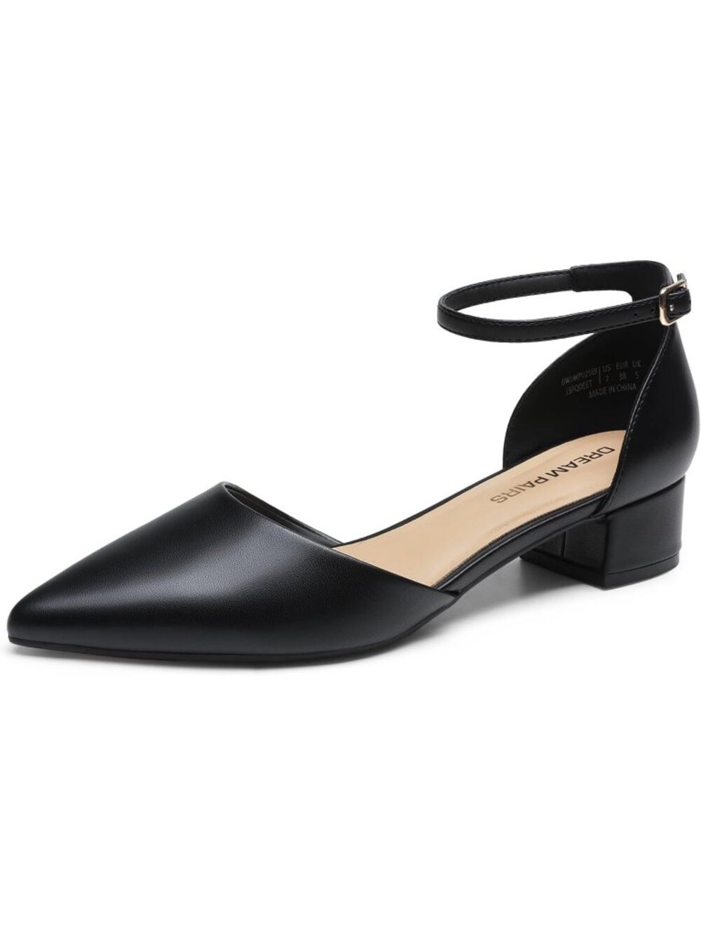 Dream Pairs Women's Black Pu Pointed Toe Pumps Low Heel Ankle Strap Dress Shoes